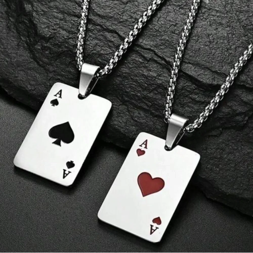 3for$20 1pc Men's Poker Card Charm Necklace, Heart Couple Pendant Necklace